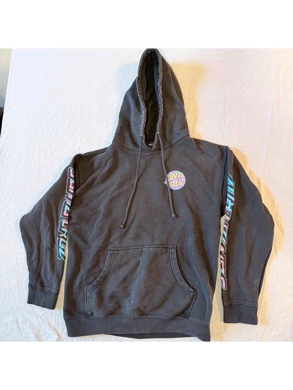 Santa Cruz Black Pullover Hoodie with Vibrant Logo Prints, Size Medium, Good
